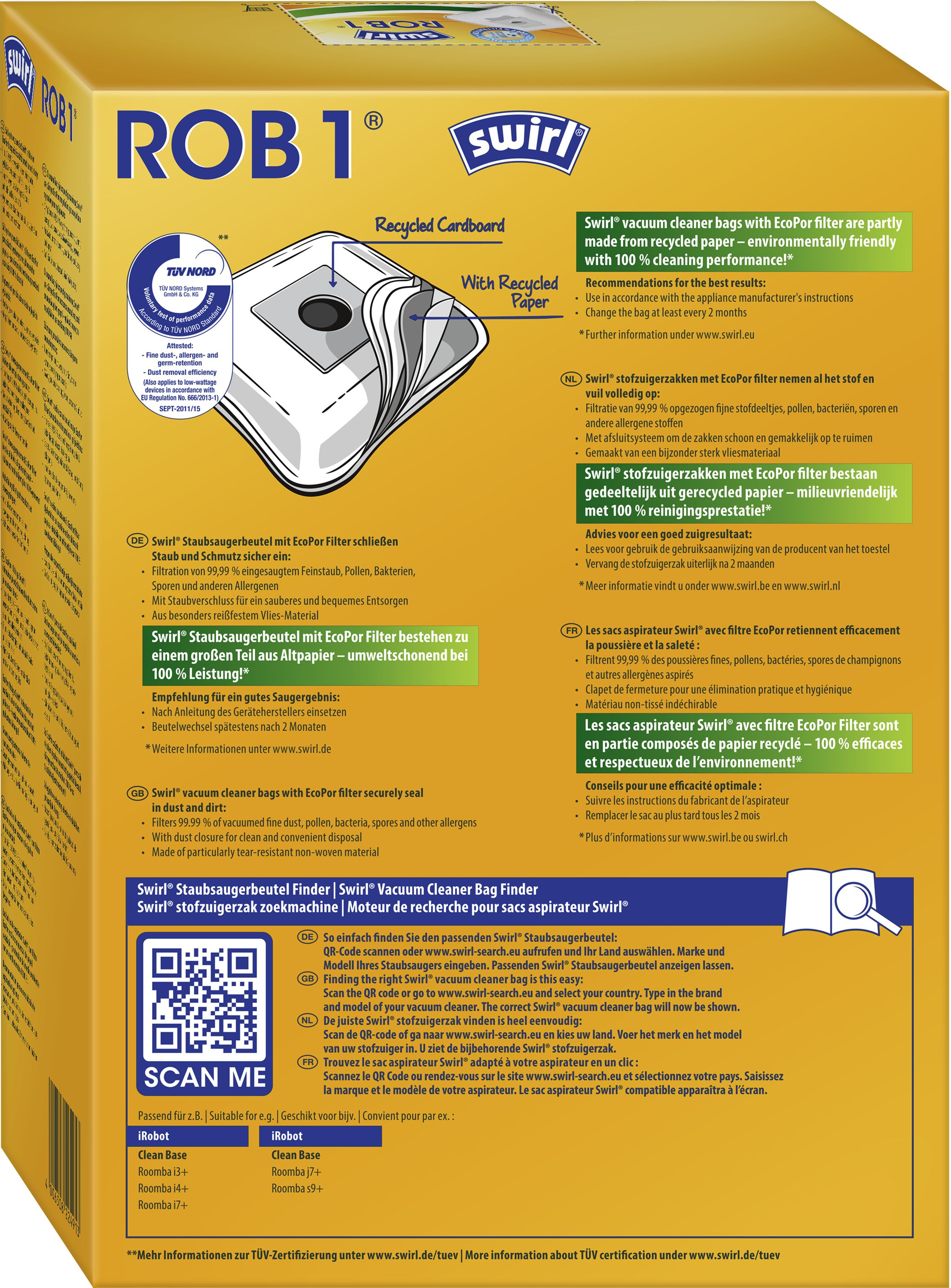 Staubsaugerbeutel-Box mit Text und Bildern, die Produktdetails und Anweisungen darstellen.