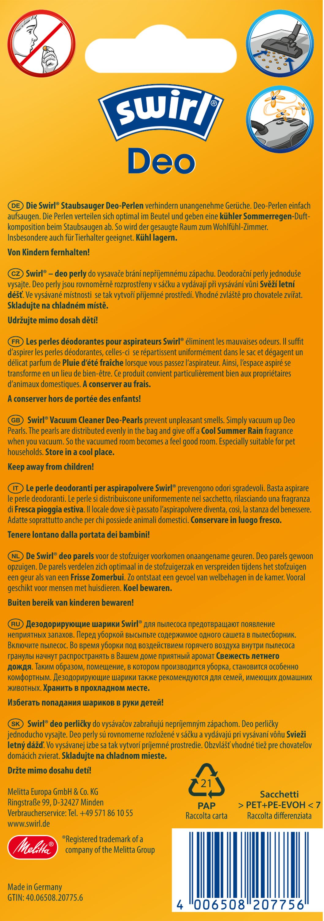 Verpackung für Staubsauger-Deo-Perlen, mit Text in mehreren Sprachen.