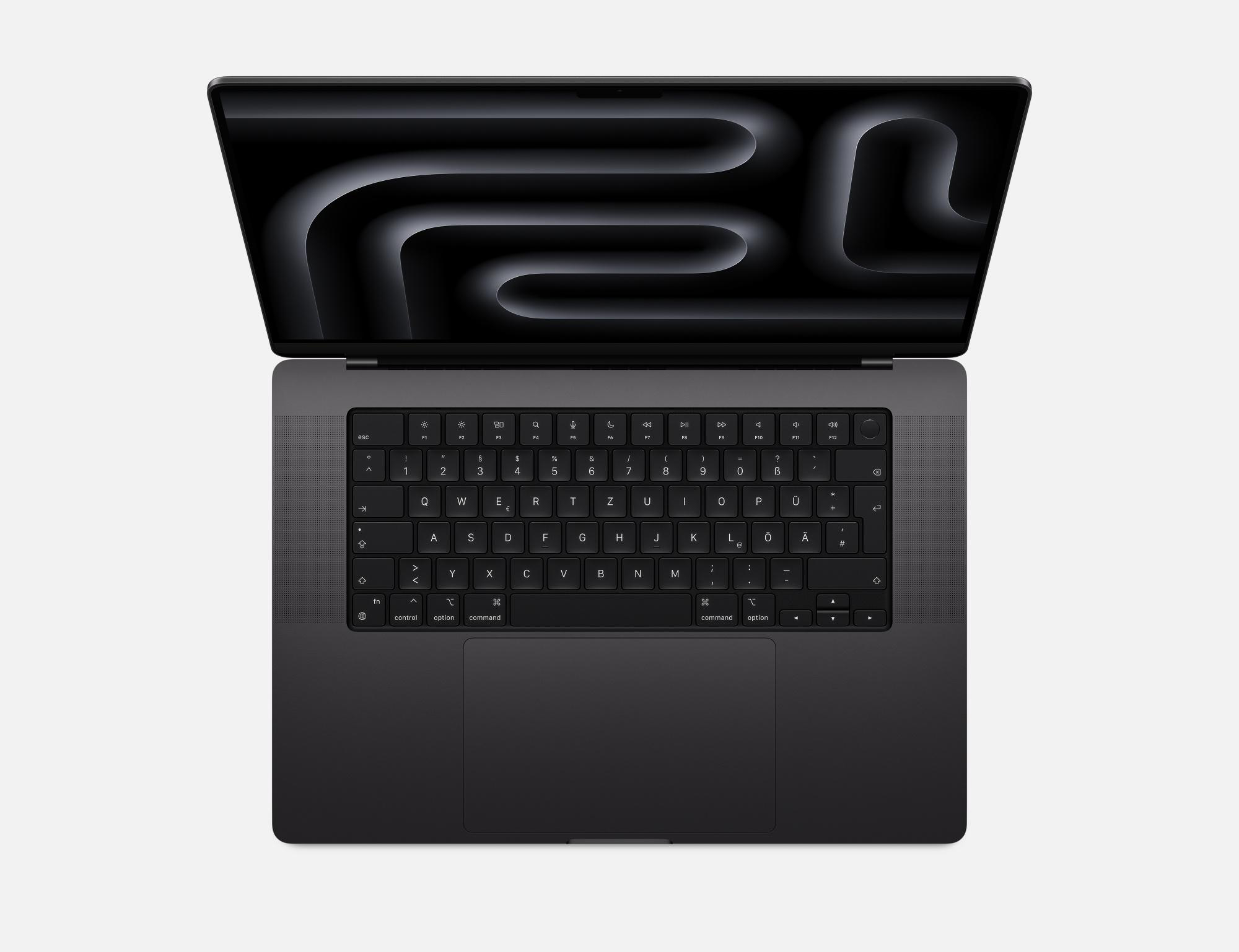 Geöffneter schwarzer Laptop. Tastatur sichtbar. Bildschirm zeigt schwarzes Design.