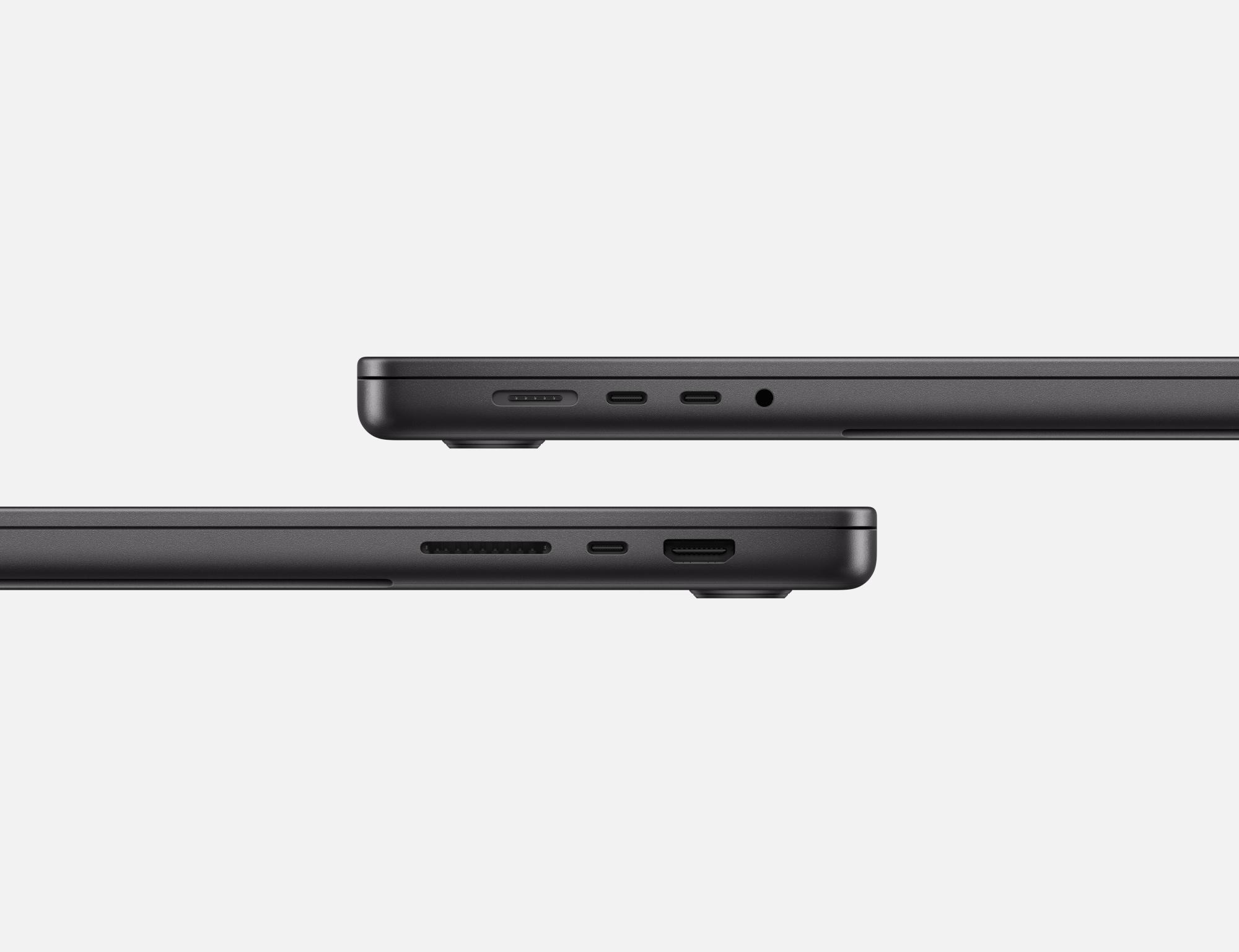Nahaufnahme von Laptop-Anschlüssen, zeigt USB-C und andere Anschlüsse vor weißem Hintergrund.
