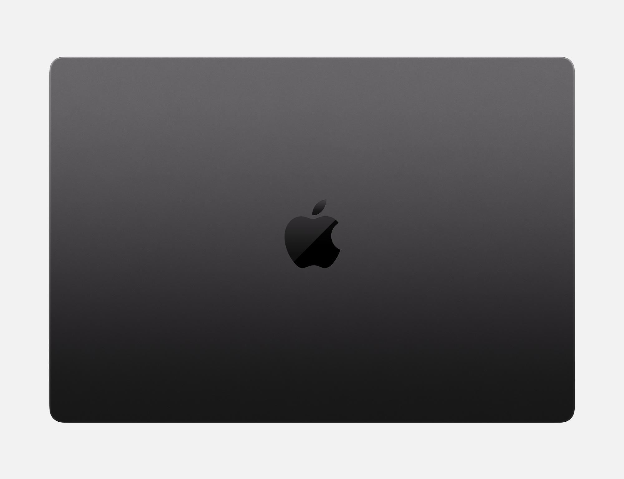 Schwarzes Apple-Laptop mit Apple-Logo, isoliert auf weißem Hintergrund.