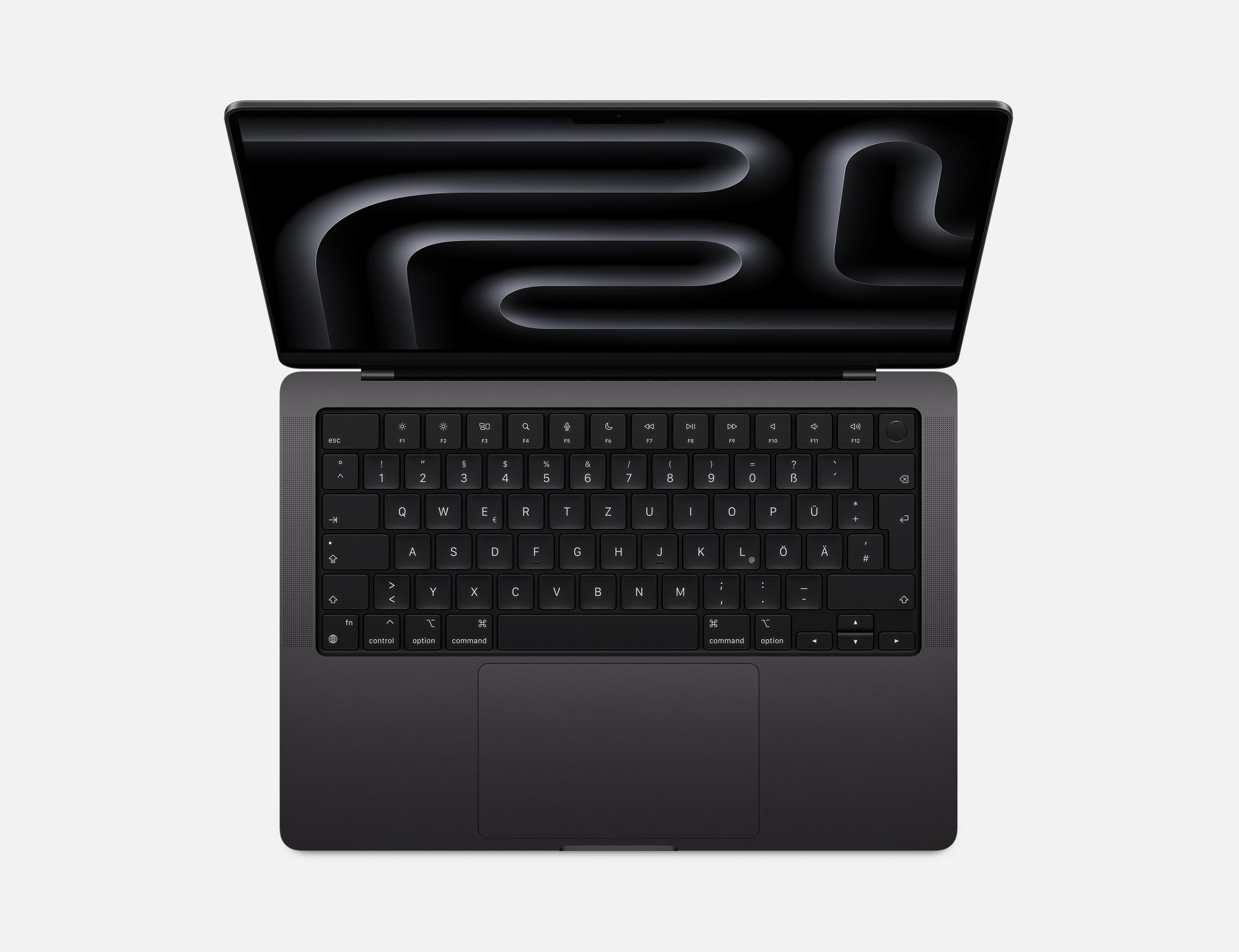 Schwarzes MacBook Pro mit offenem Deckel, Tastatur und Trackpad zeigend.
