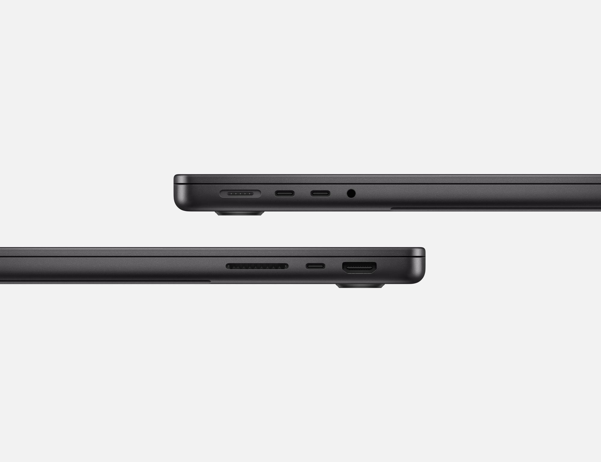 Zwei schwarze Laptops, die ihre Seitenprofile zeigen.
