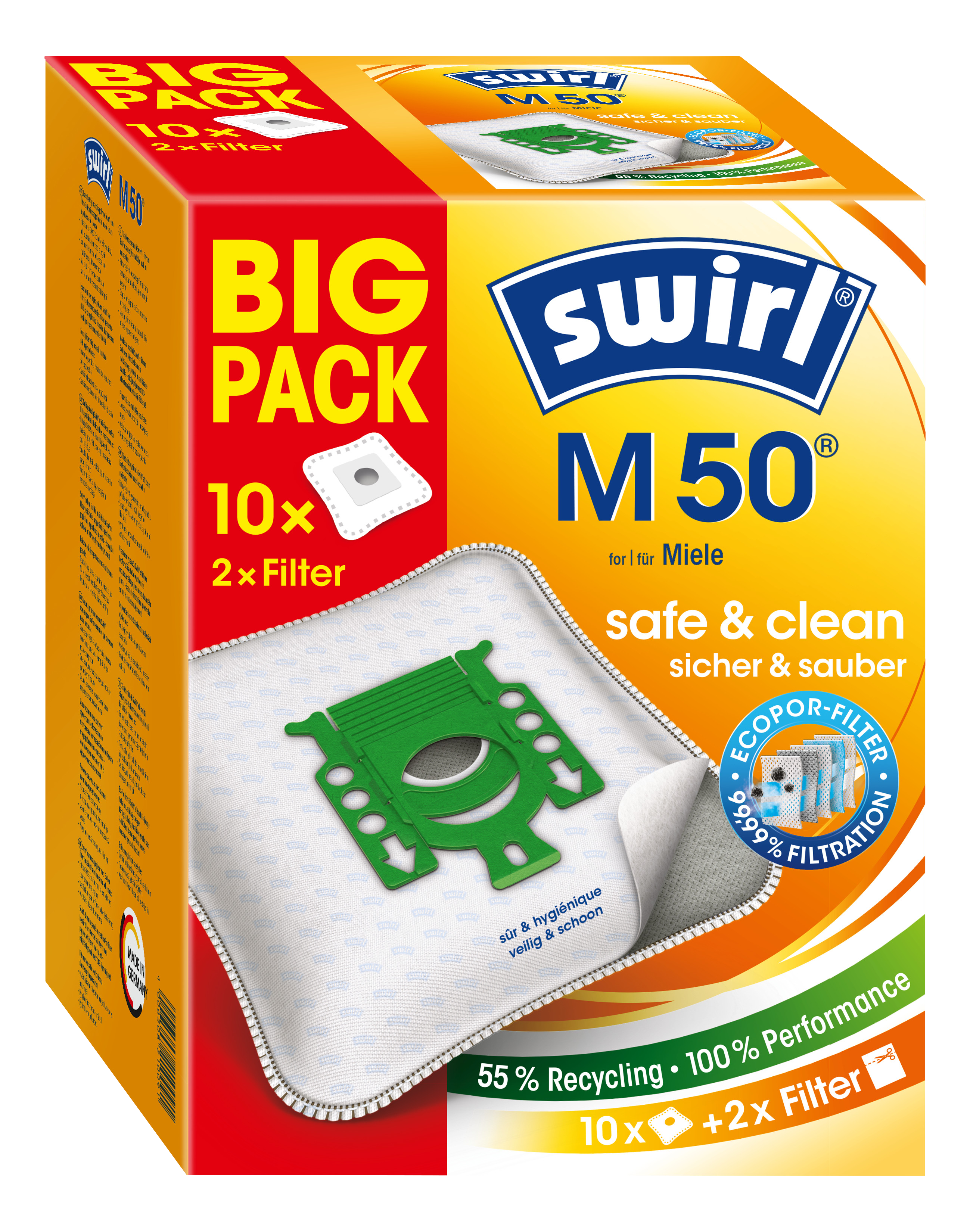 Scatola di sacchetti per aspirapolvere Swirl M50. Scatola gialla con sacchetto bianco. Il testo include 'BIG PACK'.