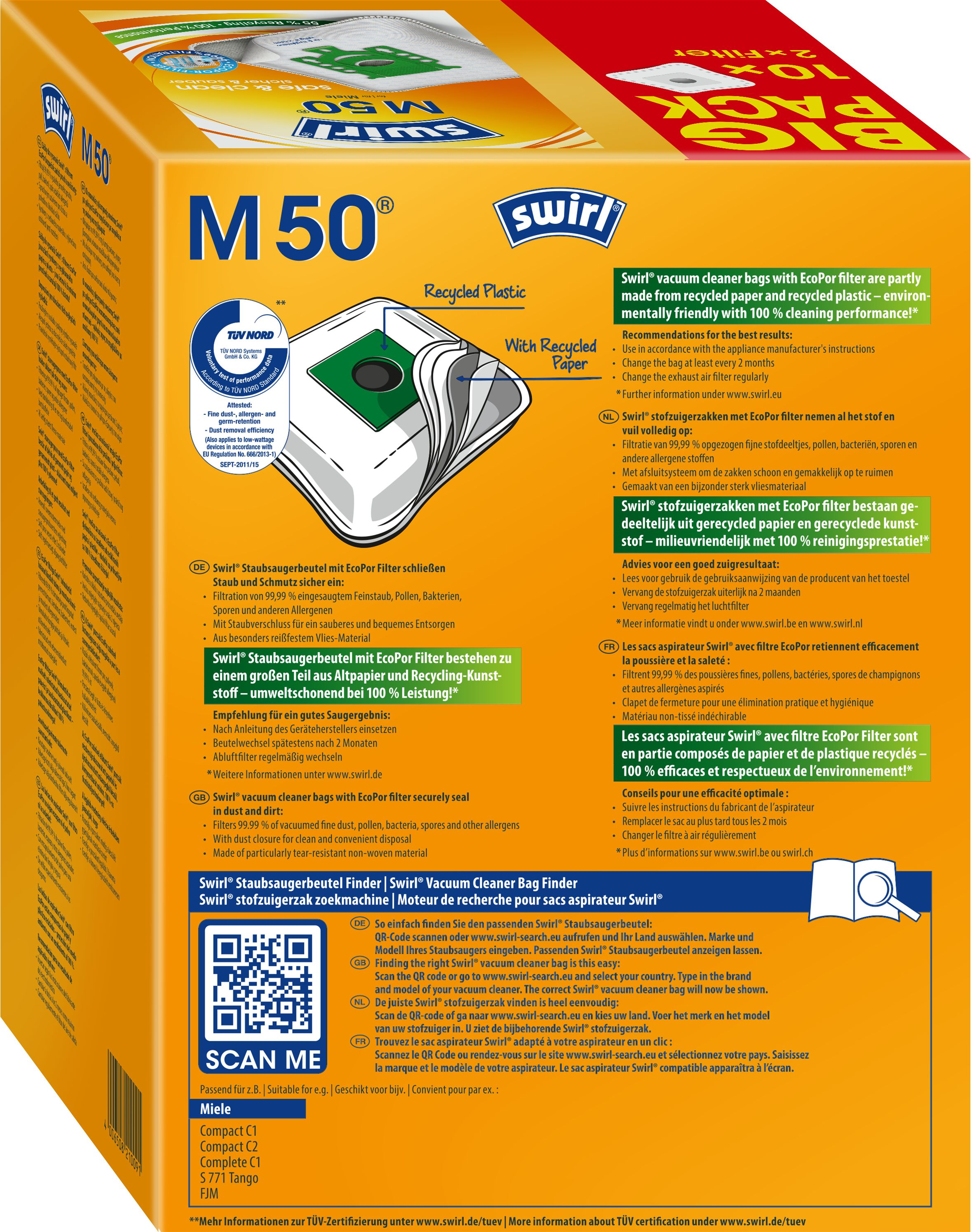 Una scatola di sacchetti per aspirapolvere con testo e grafica. La scatola è bianca, gialla e verde.