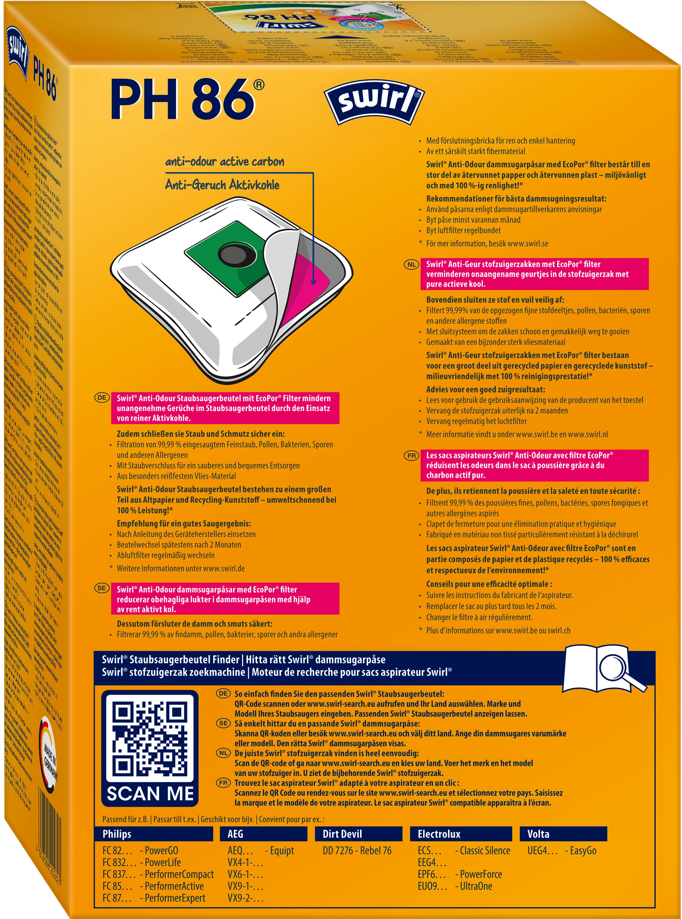 Swirl PH 86 Staubsaugerbeutel-Box mit Text und Produktinfo.