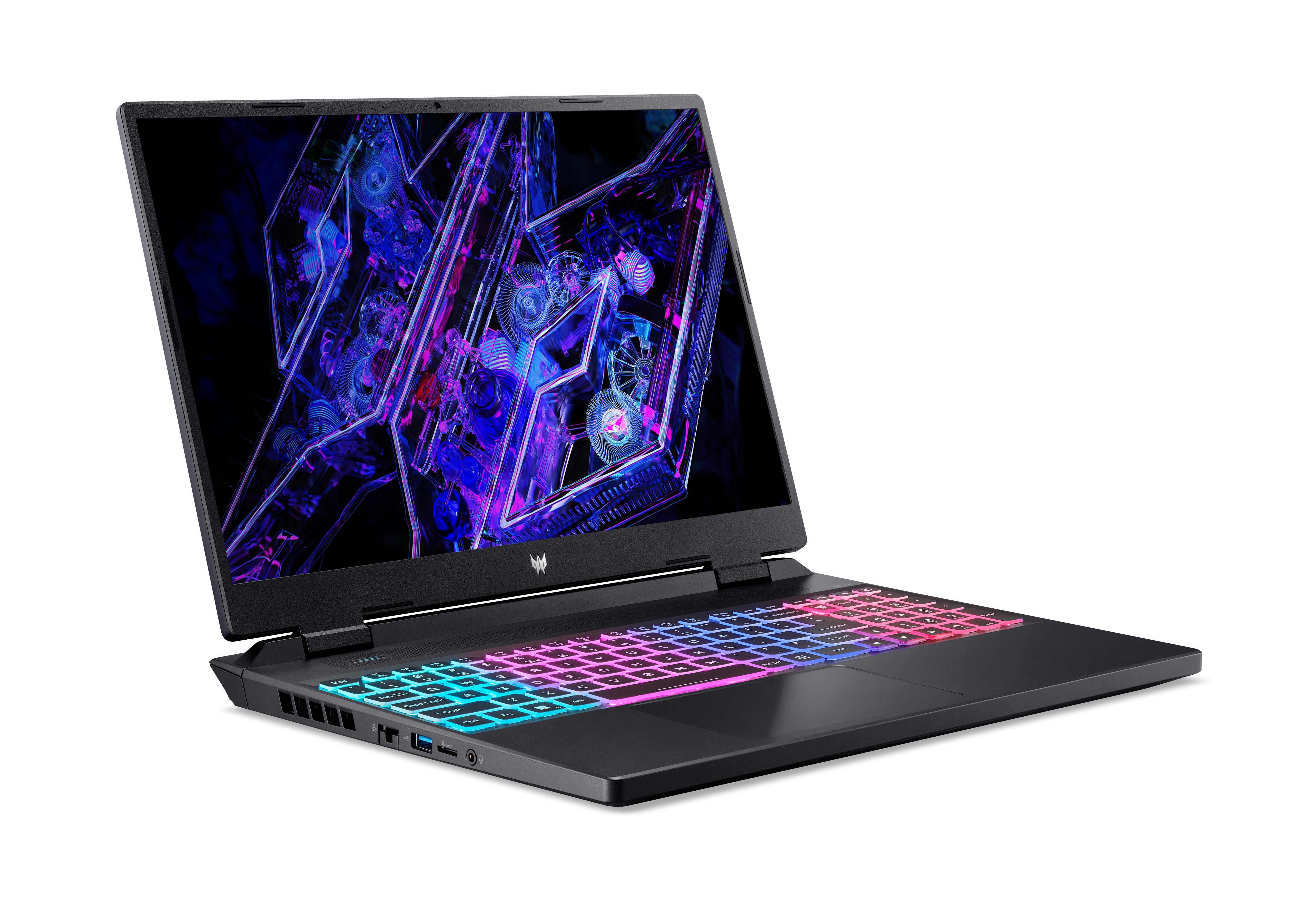 Schwarzer Laptop mit farbig beleuchteter Tastatur, geöffnet auf weißem Hintergrund.