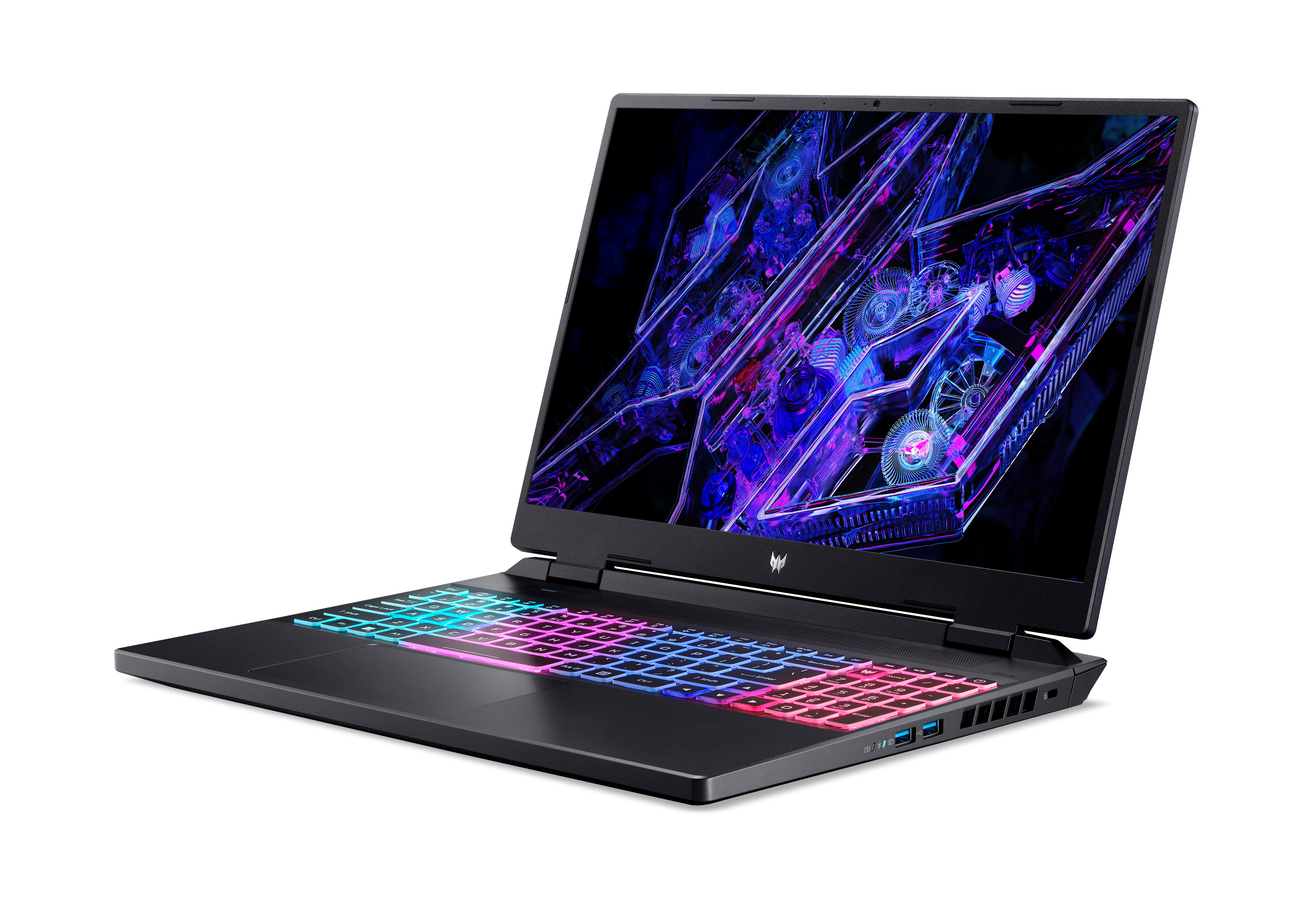 Gaming-Laptop mit Hintergrundbeleuchtung, Anzeige in Lila und Blau.