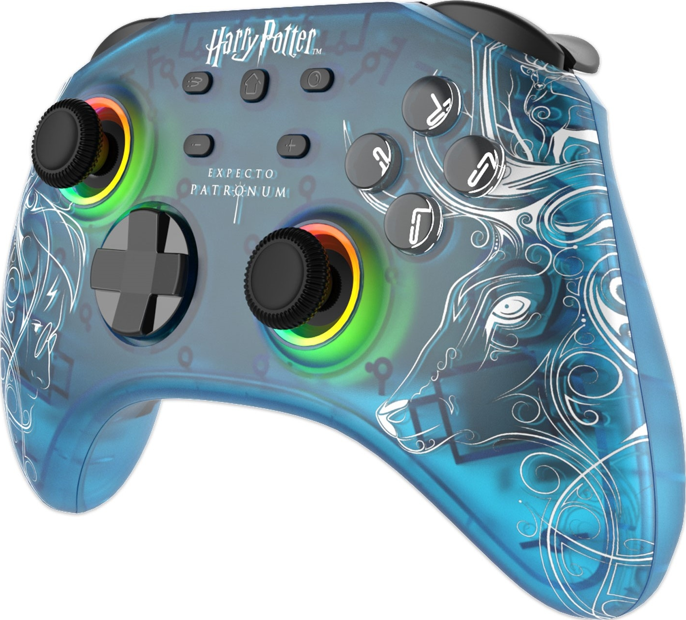 Harry Potter Gamecontroller, blau, mit dekorativem Design.
