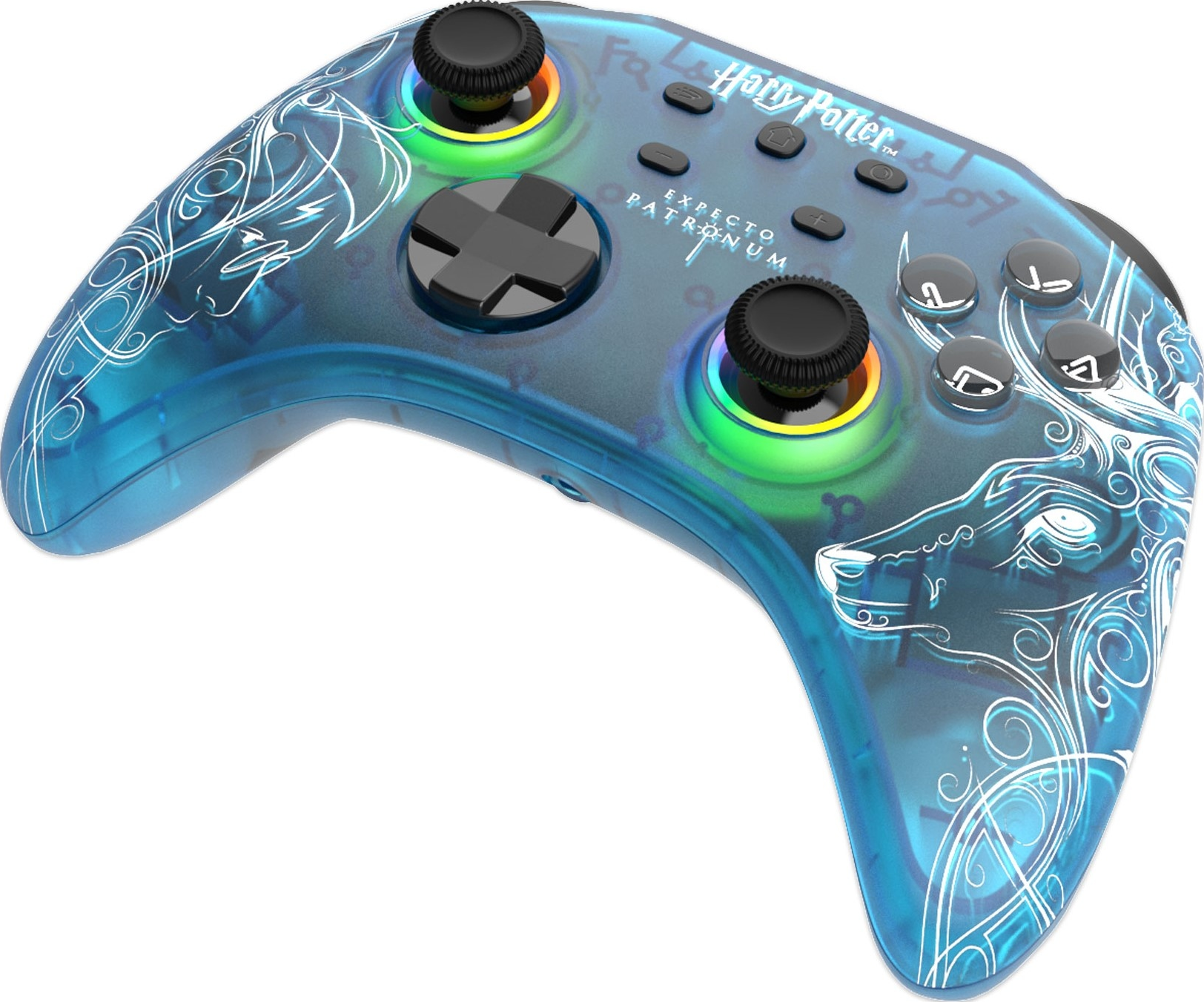 Blauer und transparenter Harry Potter-Gamecontroller mit Tasten und Symbolen. 'Expecto Patronum' ist sichtbar.
