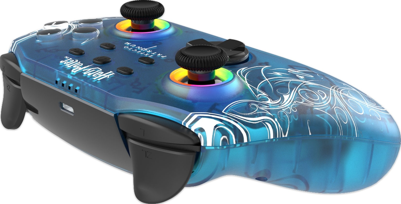 Blauer, transparenter Harry-Potter-Controller mit zwei schwarzen Joysticks und mehreren Knöpfen.