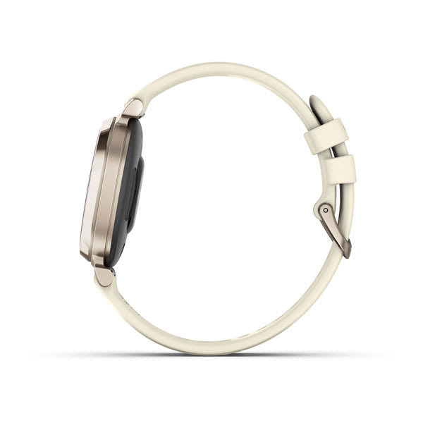 Seitenansicht einer cremefarbenen Smartwatch mit cremefarbenem Armband.