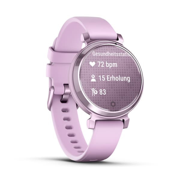 Rosa Smartwatch mit Gesundheitsstatistiken. Zeigt Herzfrequenz, Erholung und Schritte vor weißem Hintergrund.