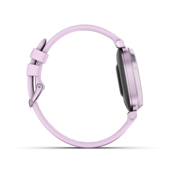 Rosa Smartwatch mit Armband, Seitenansicht, auf weißem Hintergrund.