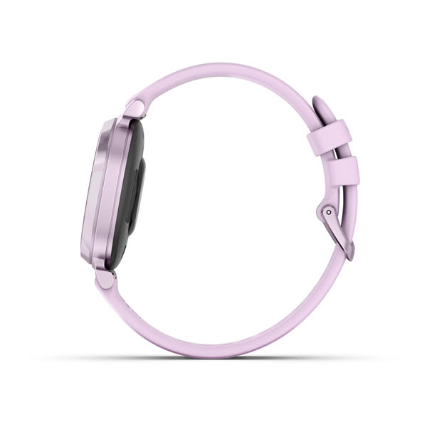 Seitenansicht einer lavendelfarbenen Smartwatch mit hellviolettem Armband, weißer Hintergrund.