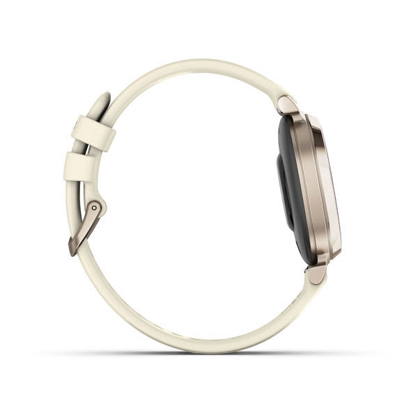 Smartwatch. Es ist goldfarben und cremefarben. Die Uhr hat ein Armband und ist von der Seite zu sehen.