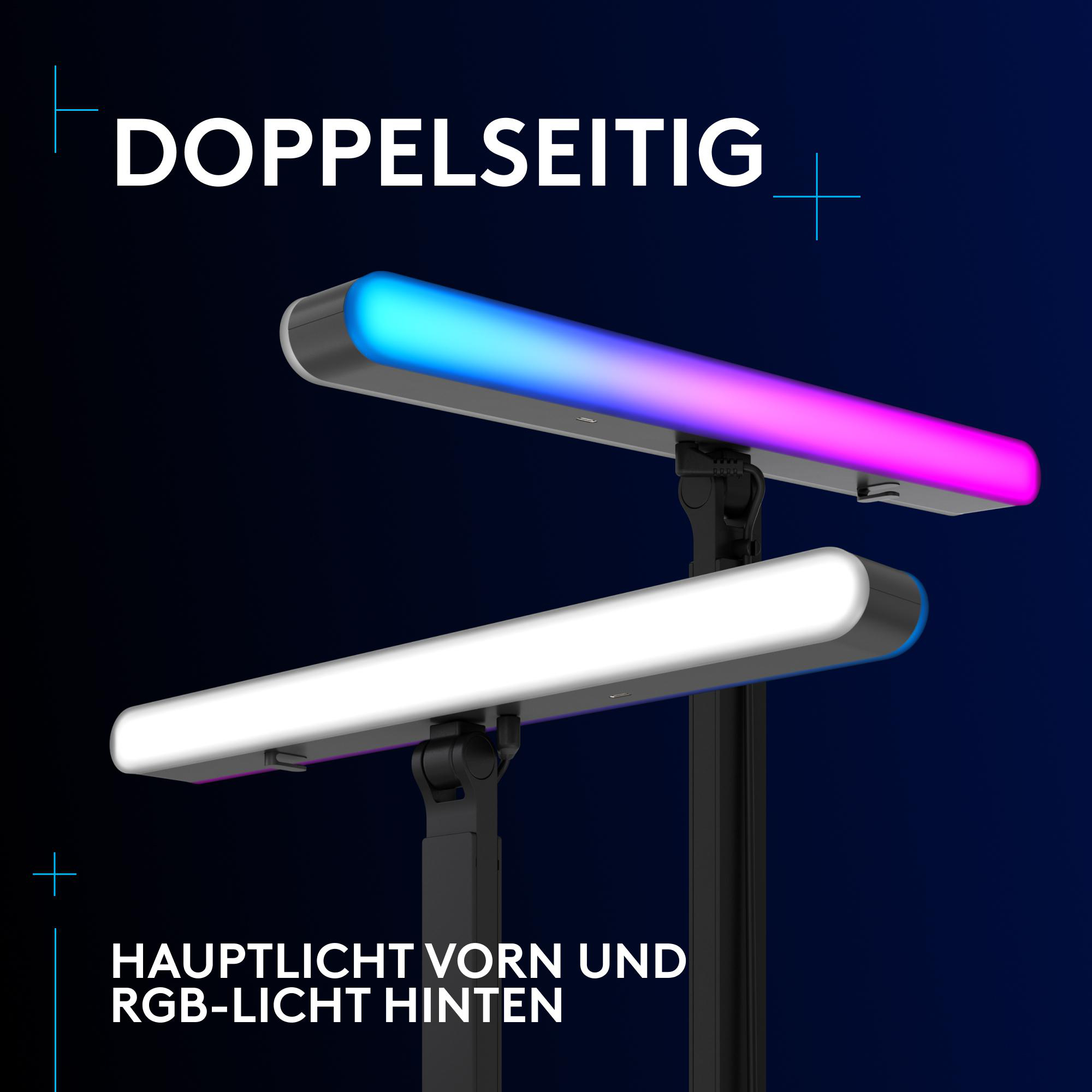 Zwei LED-Lichtleisten mit Farbverlauf, montiert auf schwarzen Ständern. Text: DOPPELSEITIG, HAUPTLICHT VORN UND RGB-LICHT HINTEN.