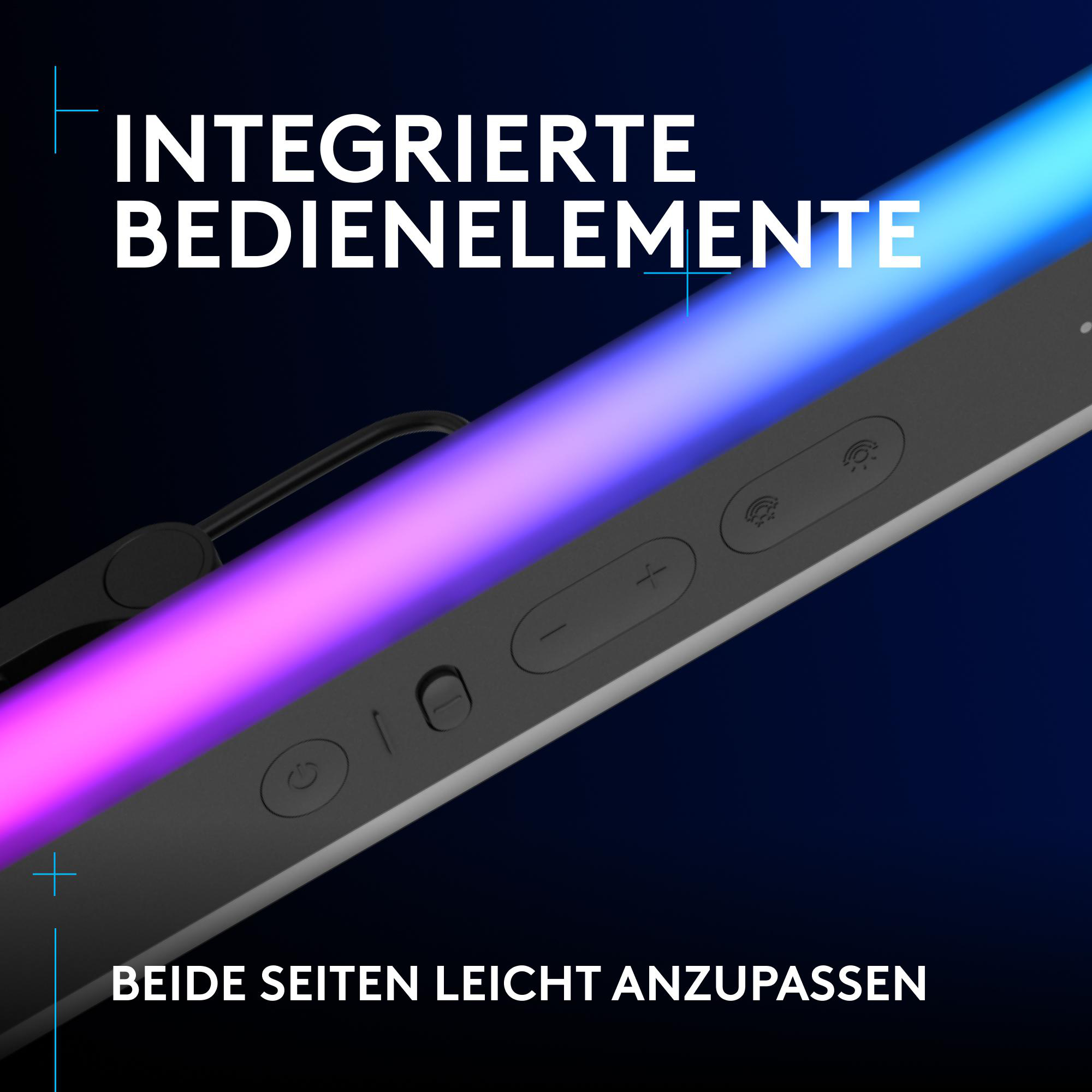 Nahaufnahme des Bedienfelds mit Knöpfen und Text, mit lila und blauem Lichteffekt.