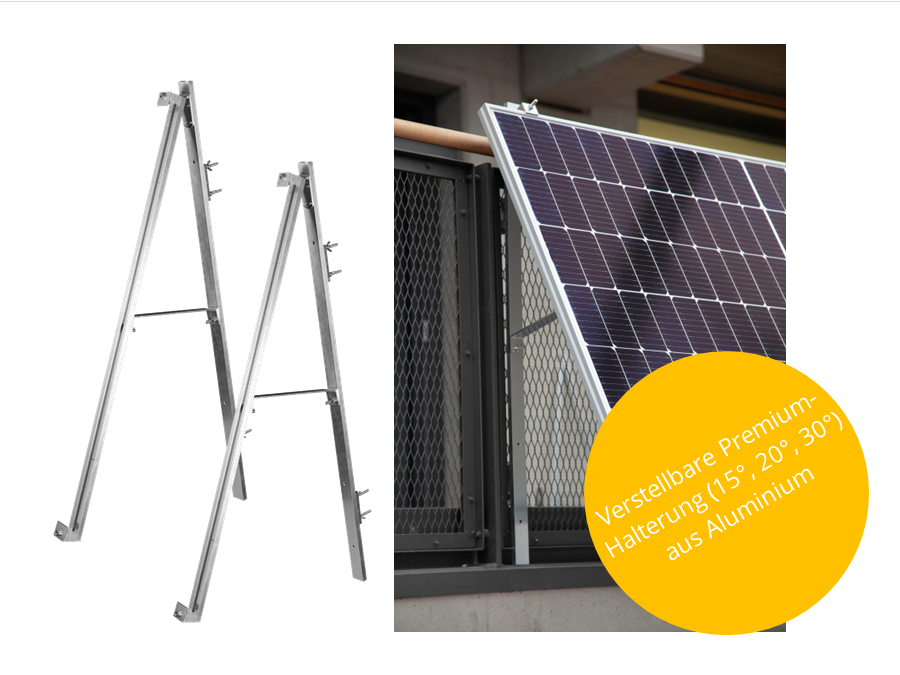 Zwei silberne Solarpanel-Halterungen und ein Solarpanel auf einem Balkon. Gelber Hinweis: verstellbare Halterungen.