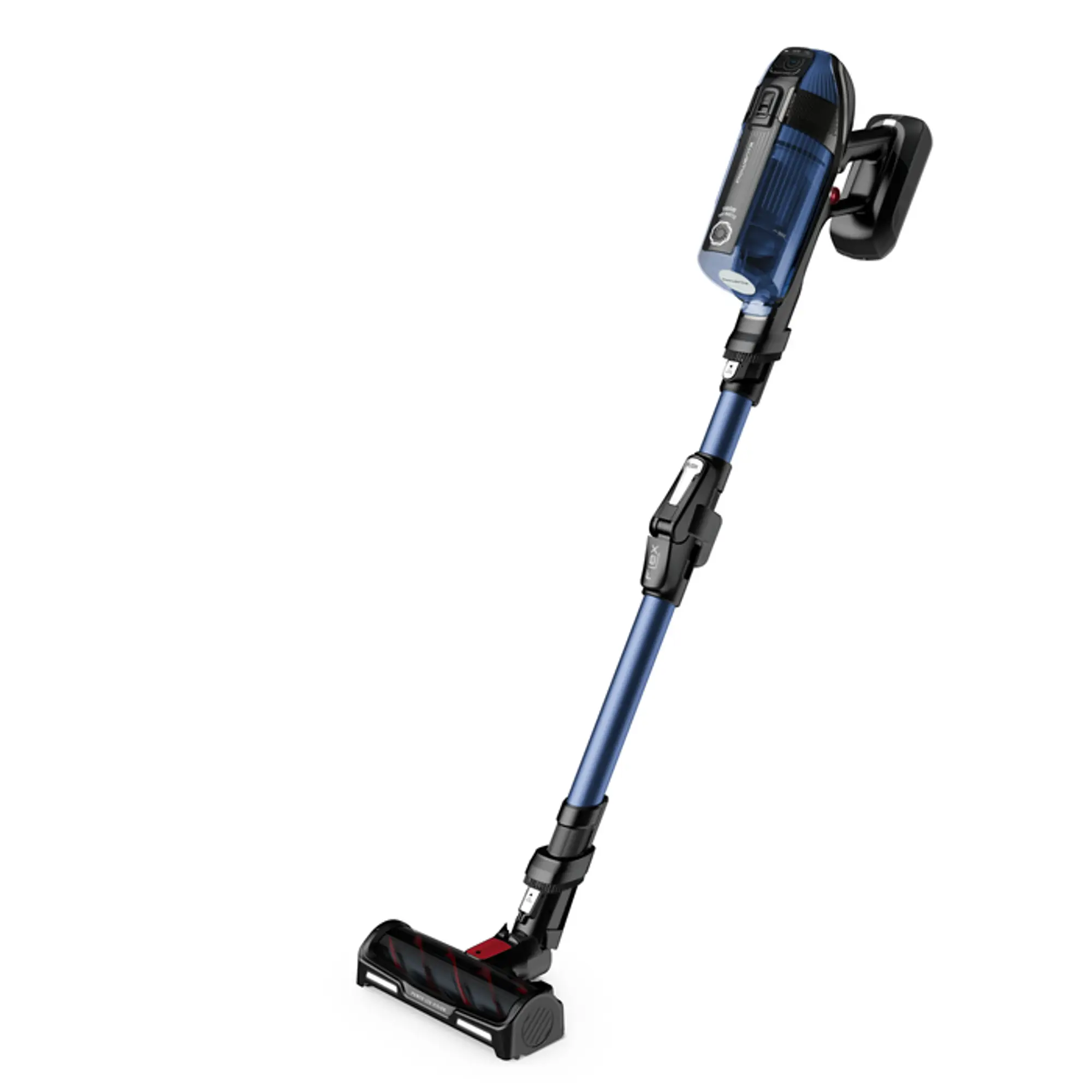 Un aspirapolvere senza fili blu e nero. L'aspirapolvere ha un corpo lungo con testina e accessori staccabili.