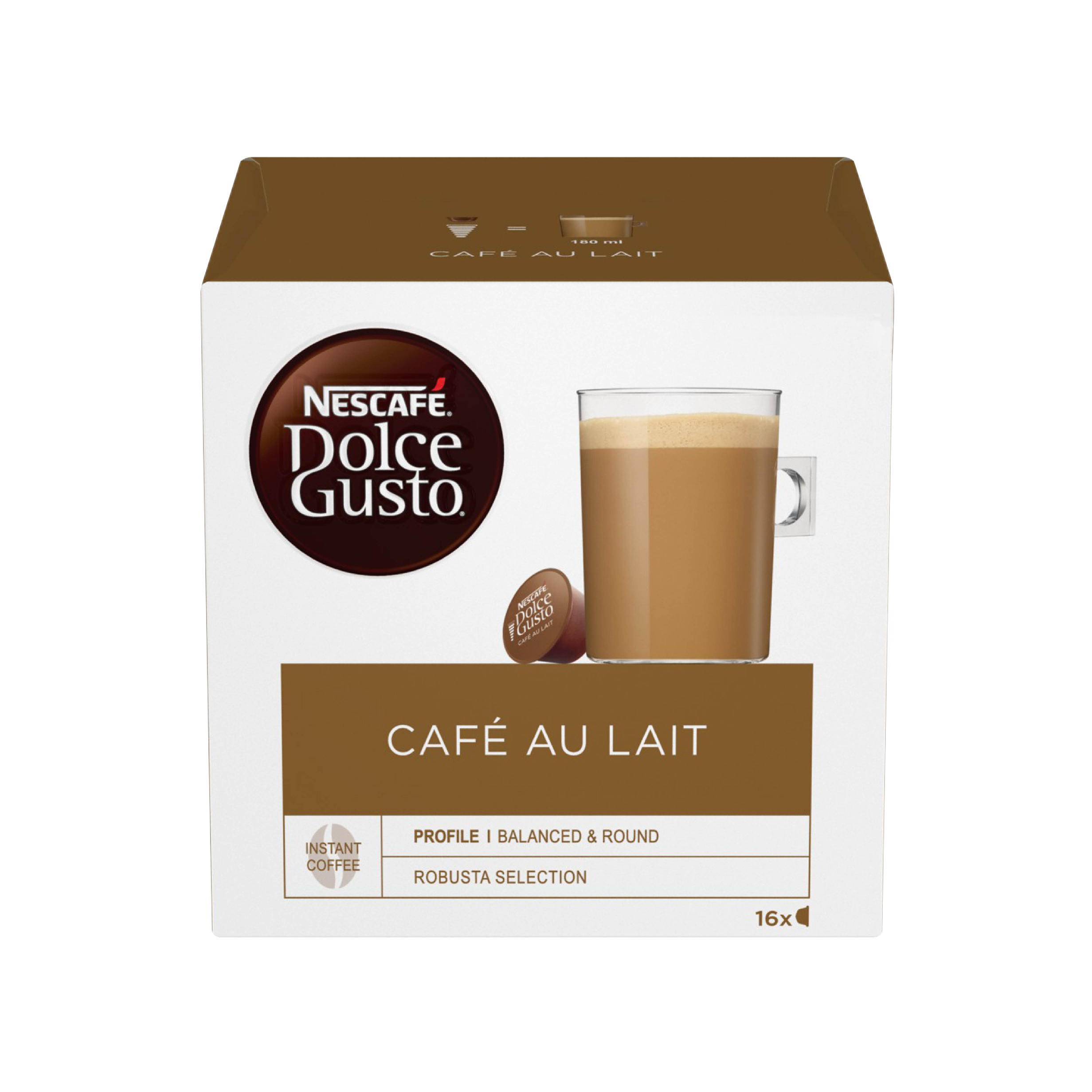 Eine Schachtel mit Kaffeepads mit einer Tasse Kaffee daneben. Die Schachtel ist weiß und braun.