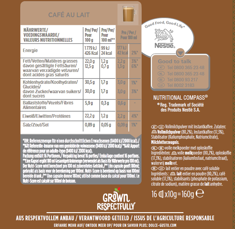 Nährwertkennzeichnung für Café au Lait Nestle. Enthält Nährwertangaben und Nestle-Logo.