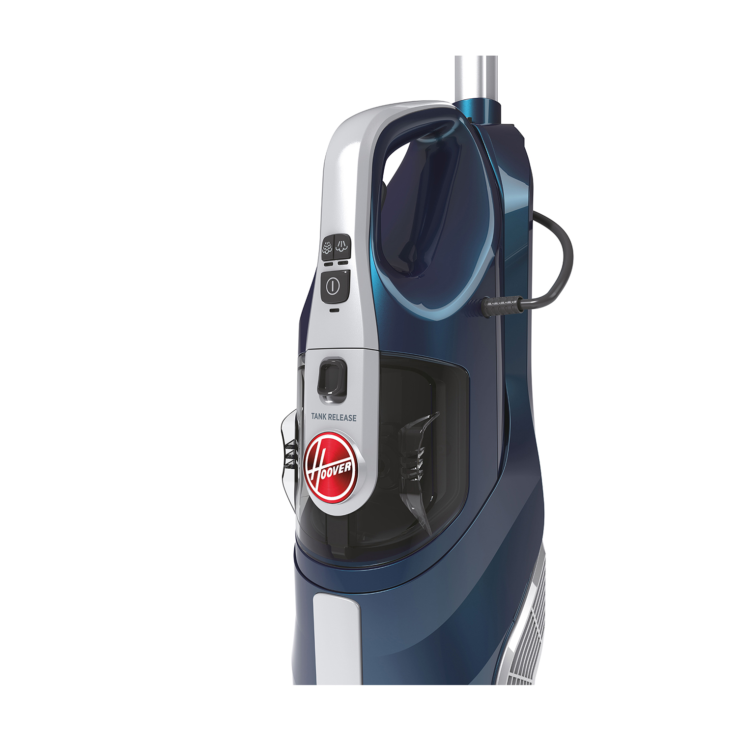 Primo piano di un aspirapolvere con la scritta 'Hoover', un pulsante e un cavo di alimentazione.