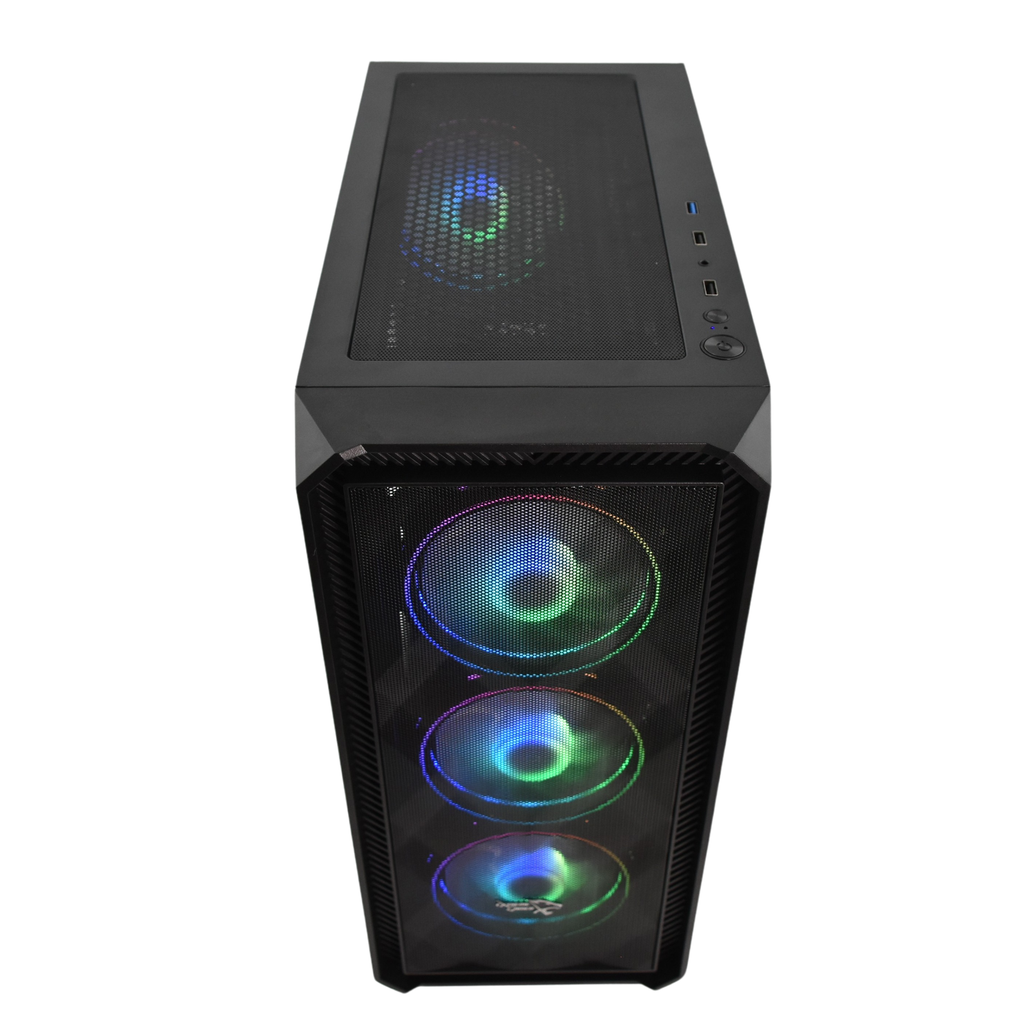 Een zwarte computerkast, bovenaanzicht, met drie ventilatoren en een mesh bovenkant.