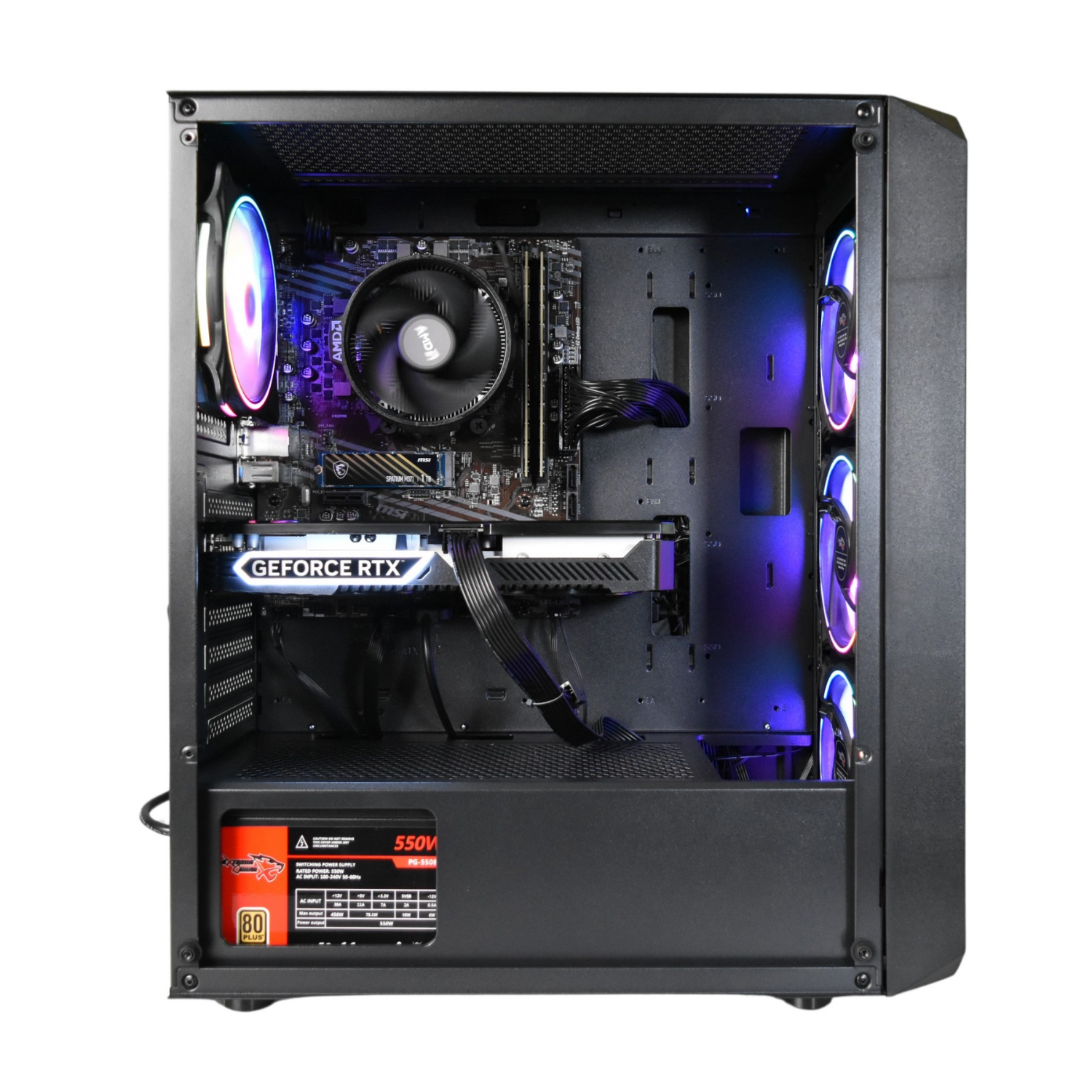 Binnenkant van een desktopcomputer met verschillende componenten: CPU, GPU en ventilatoren met lichten.