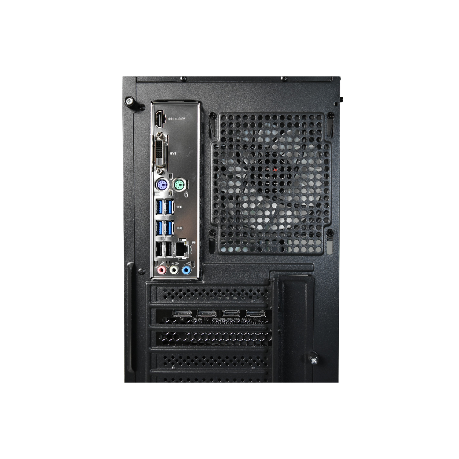 Achterpaneel van een computer met verschillende poorten en een ventilator.