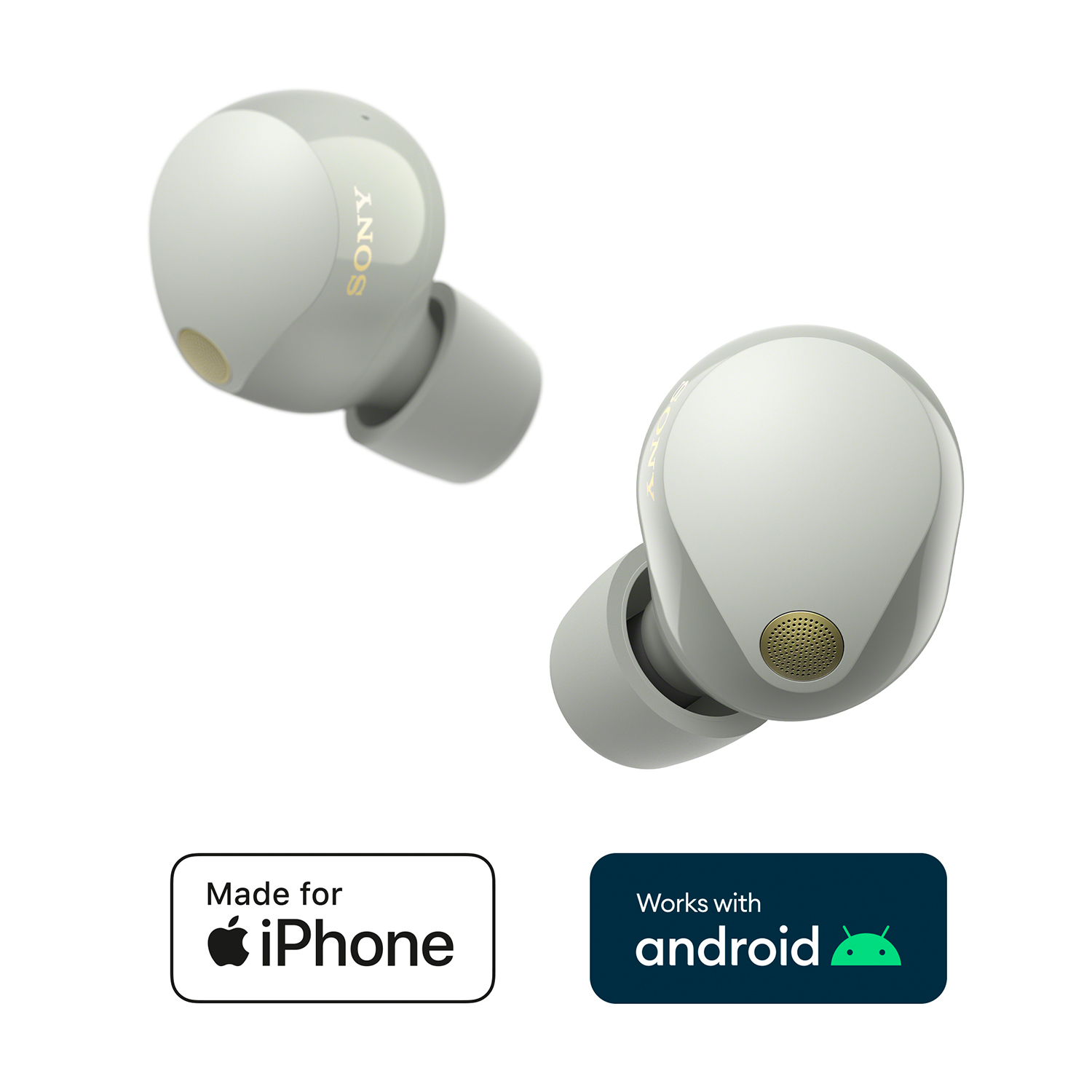 Due auricolari Sony verde chiaro con dettagli dorati su sfondo bianco.
