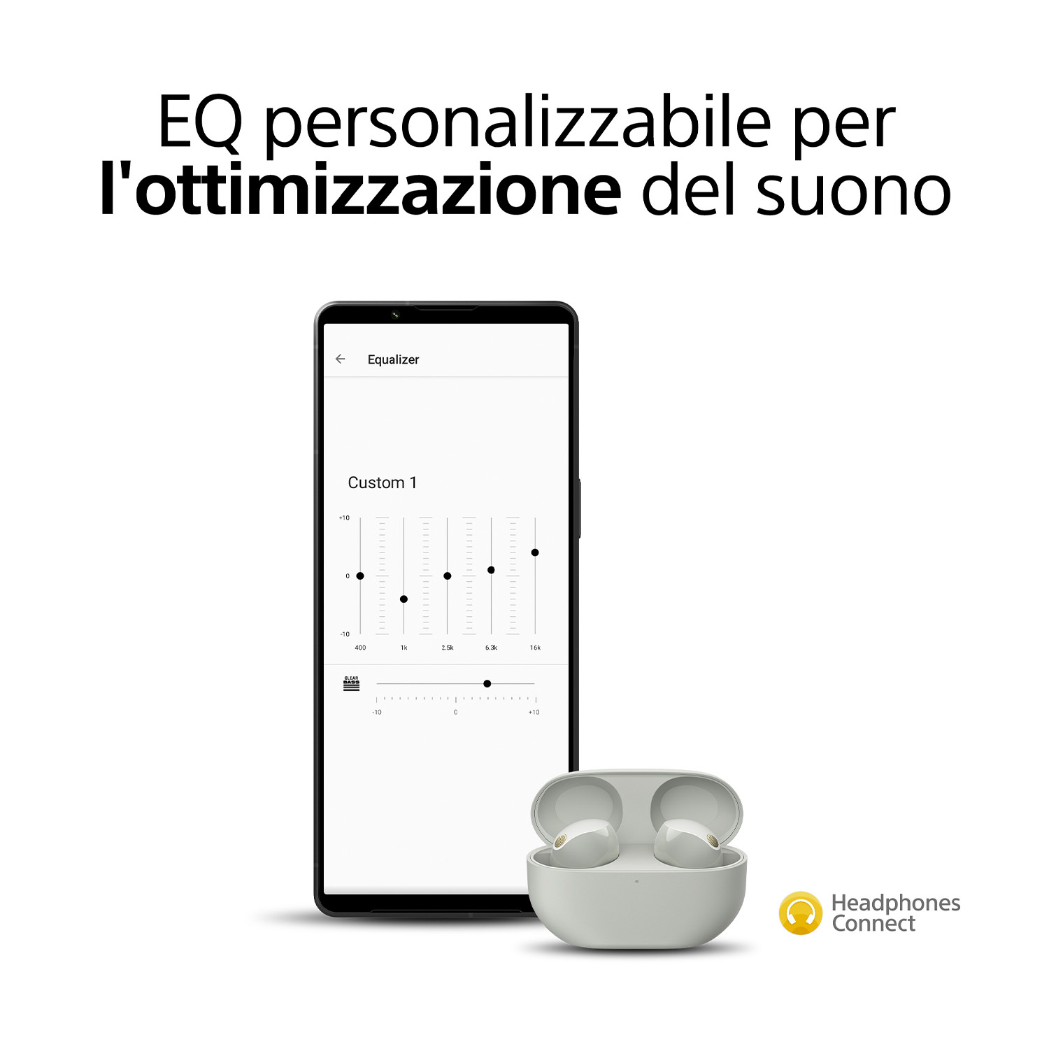 Auricolari bianchi con custodia di ricarica e smartphone. Lo schermo mostra le impostazioni dell'equalizzatore.