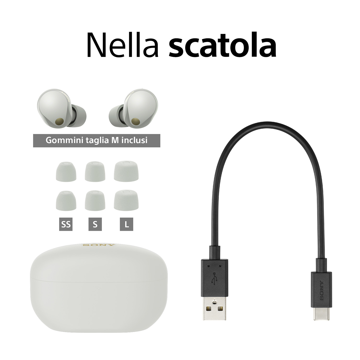 Un set di auricolari bianchi, auricolari di ricambio e un cavo USB nero.
