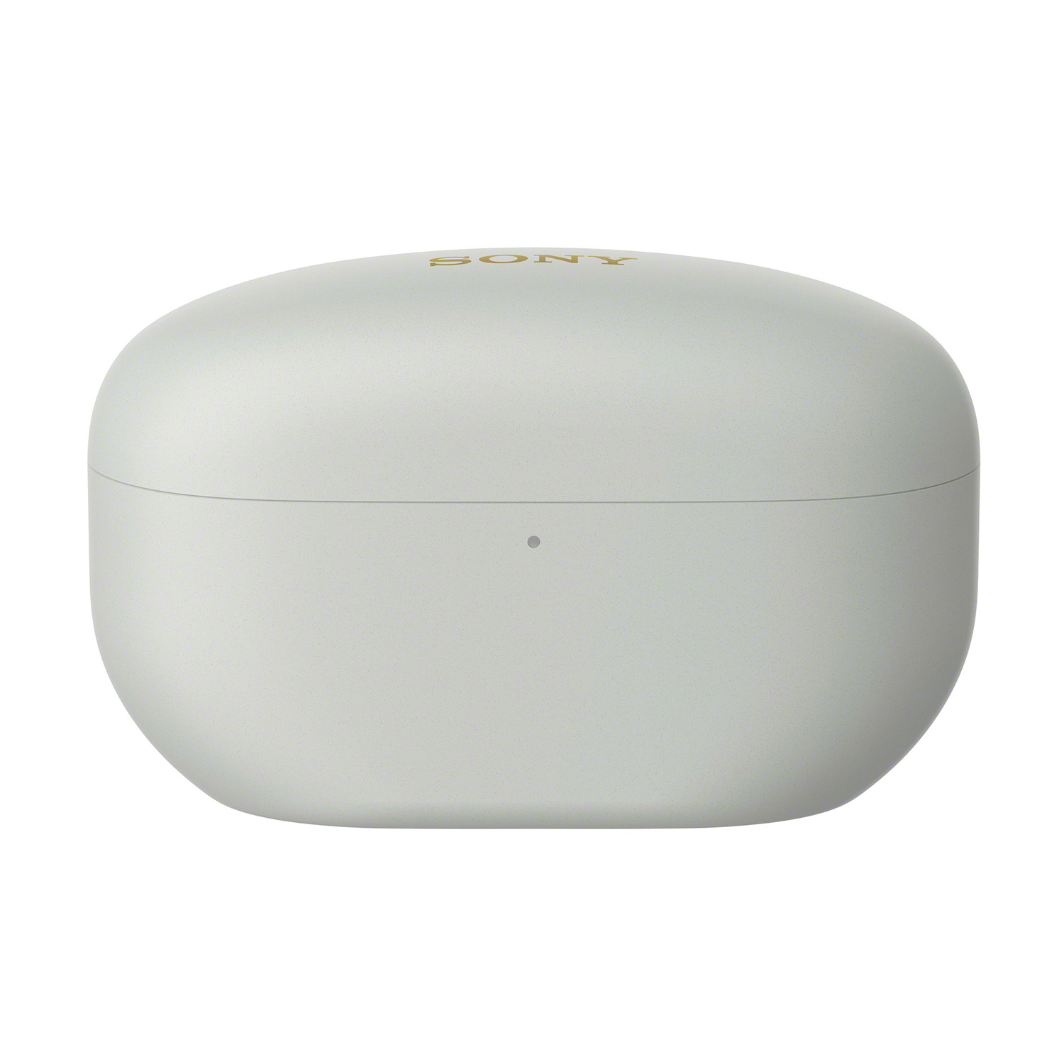 Una custodia di ricarica per auricolari chiusa, grigio chiaro, con il logo SONY.