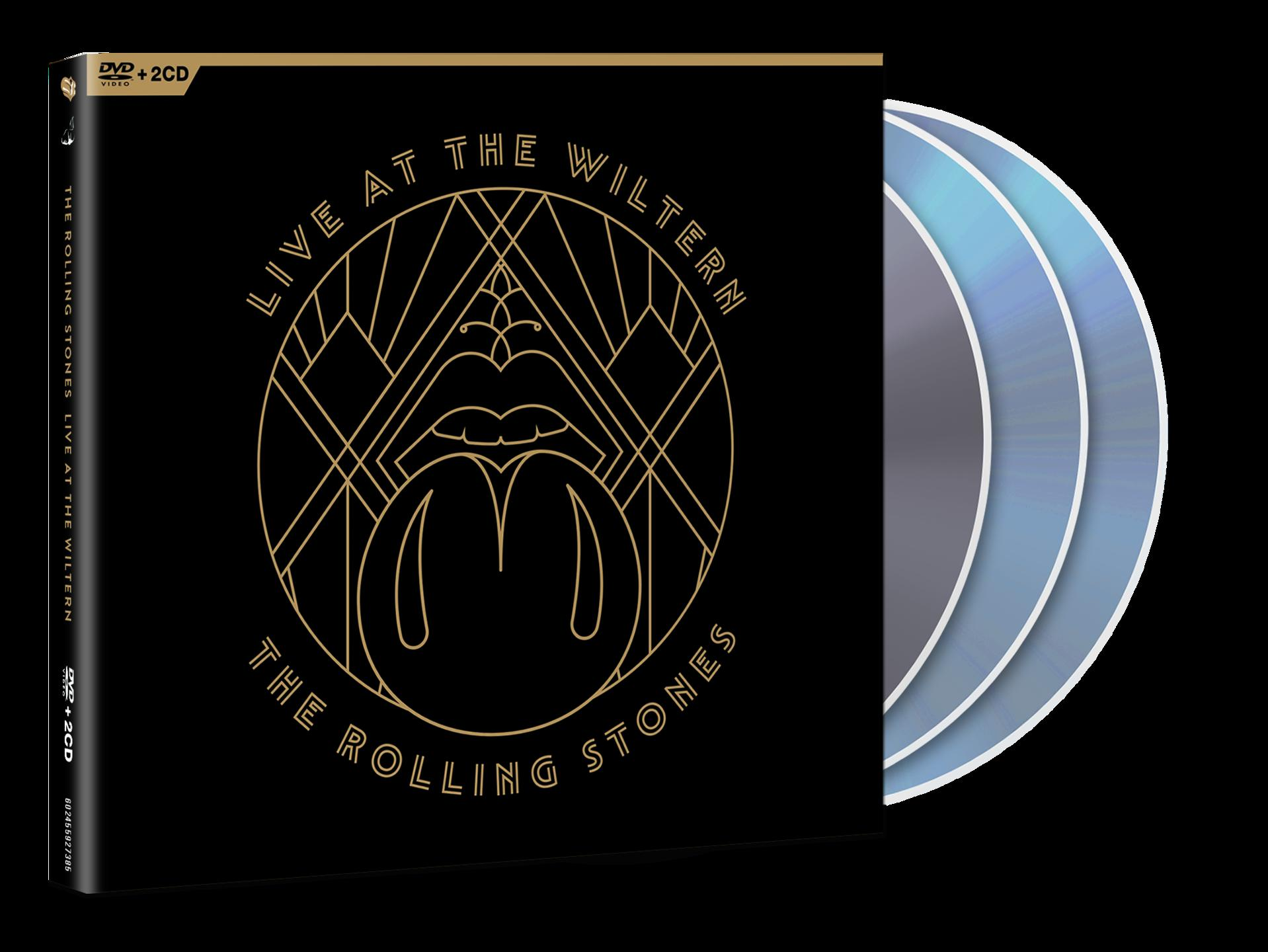 The Rolling Stones 'Live at the Wiltern' DVD+2CD Set, mit schwarzem Hintergrund und stilisiertem Logo.