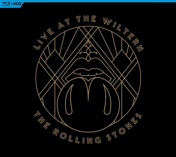 Albumcover: Rolling Stones 'Live at The Wiltern' auf schwarzem Hintergrund mit Art-Deco-Design.