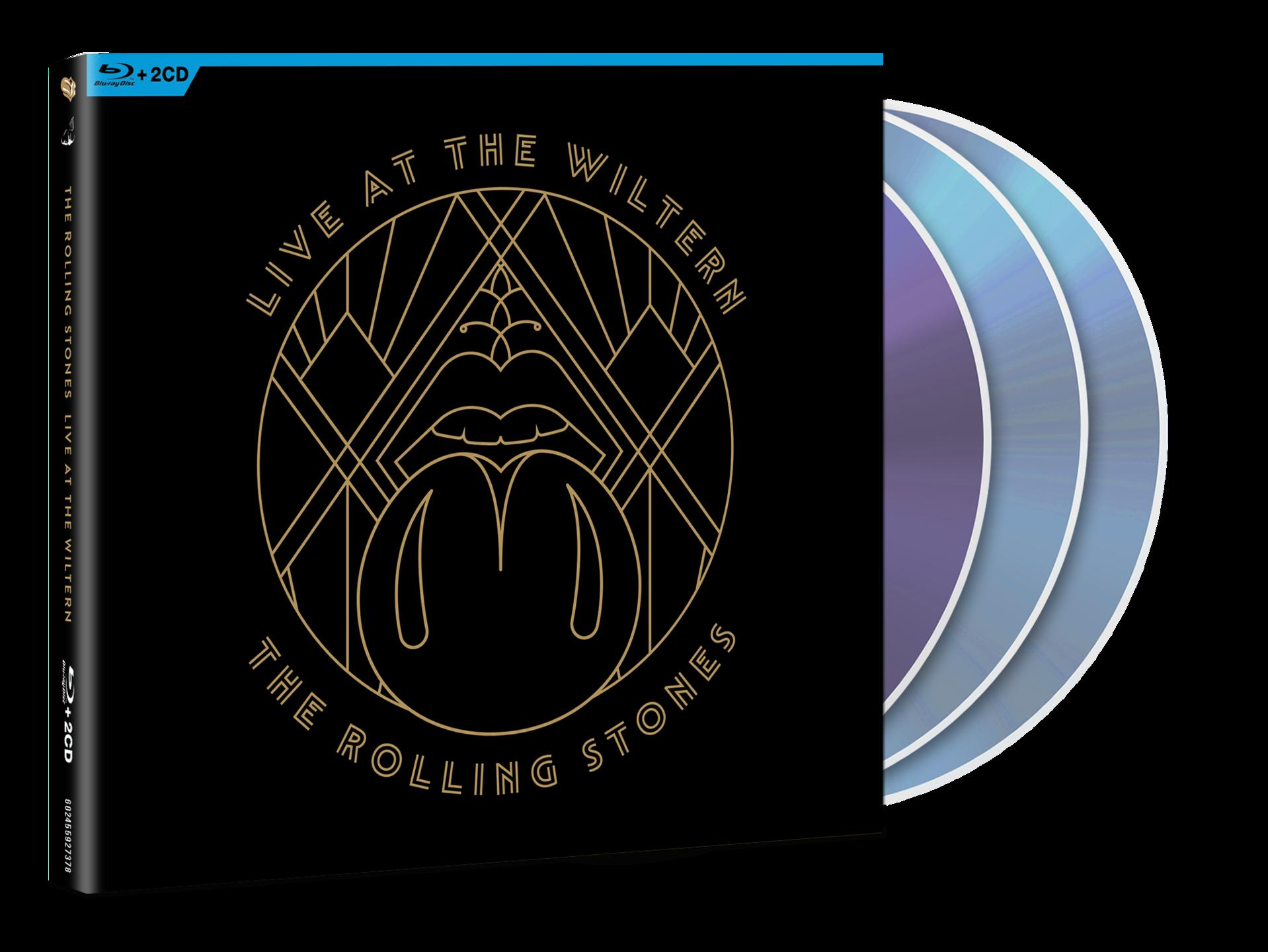Rolling Stones 'Live at the Wiltern' Albumcover und zwei CDs, schwarz-goldenes Design.
