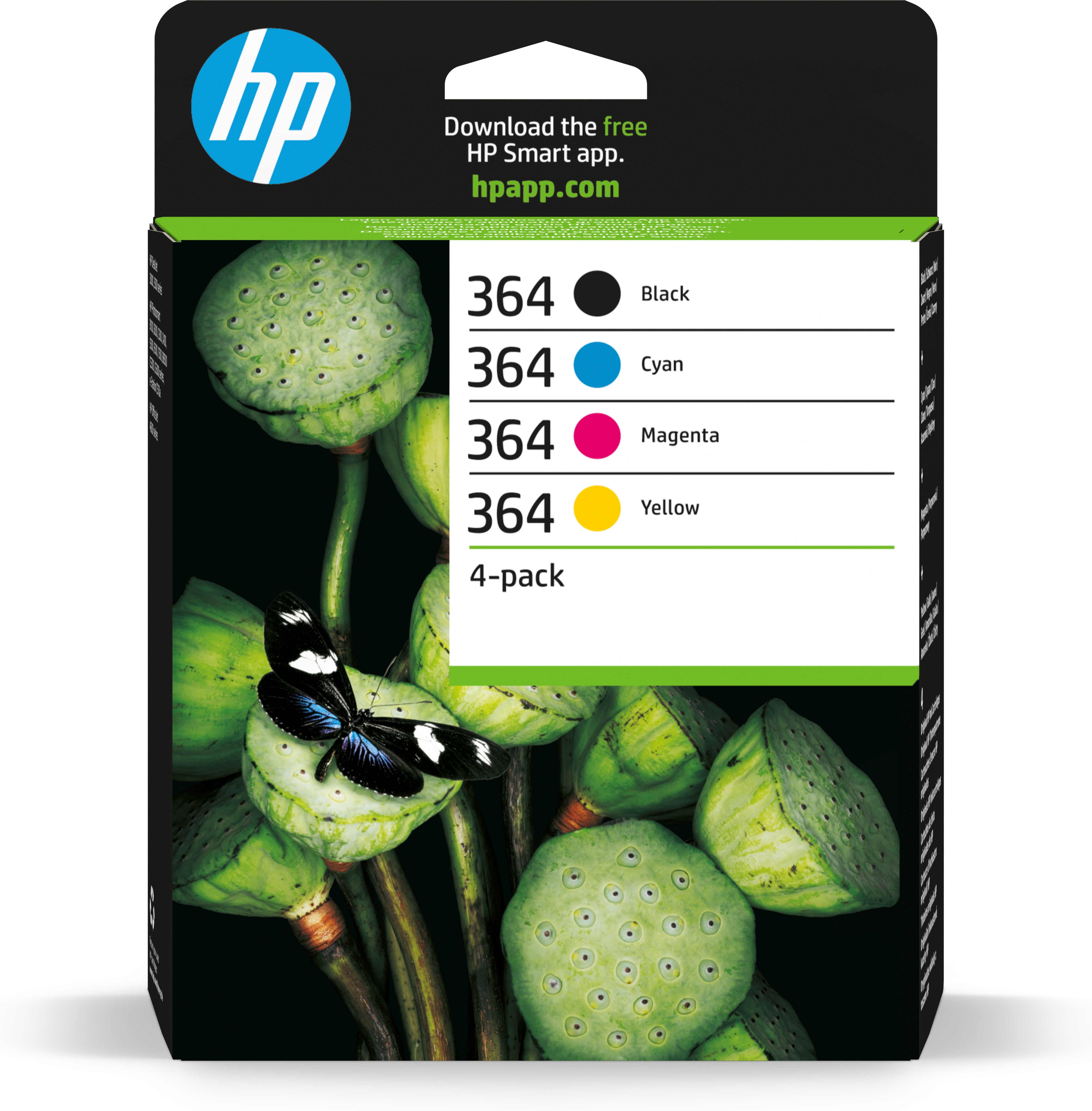 Eine Box mit HP 364 Tintenpatronen. Die Box zeigt Tintenfarben: Schwarz, Cyan, Magenta und Gelb.