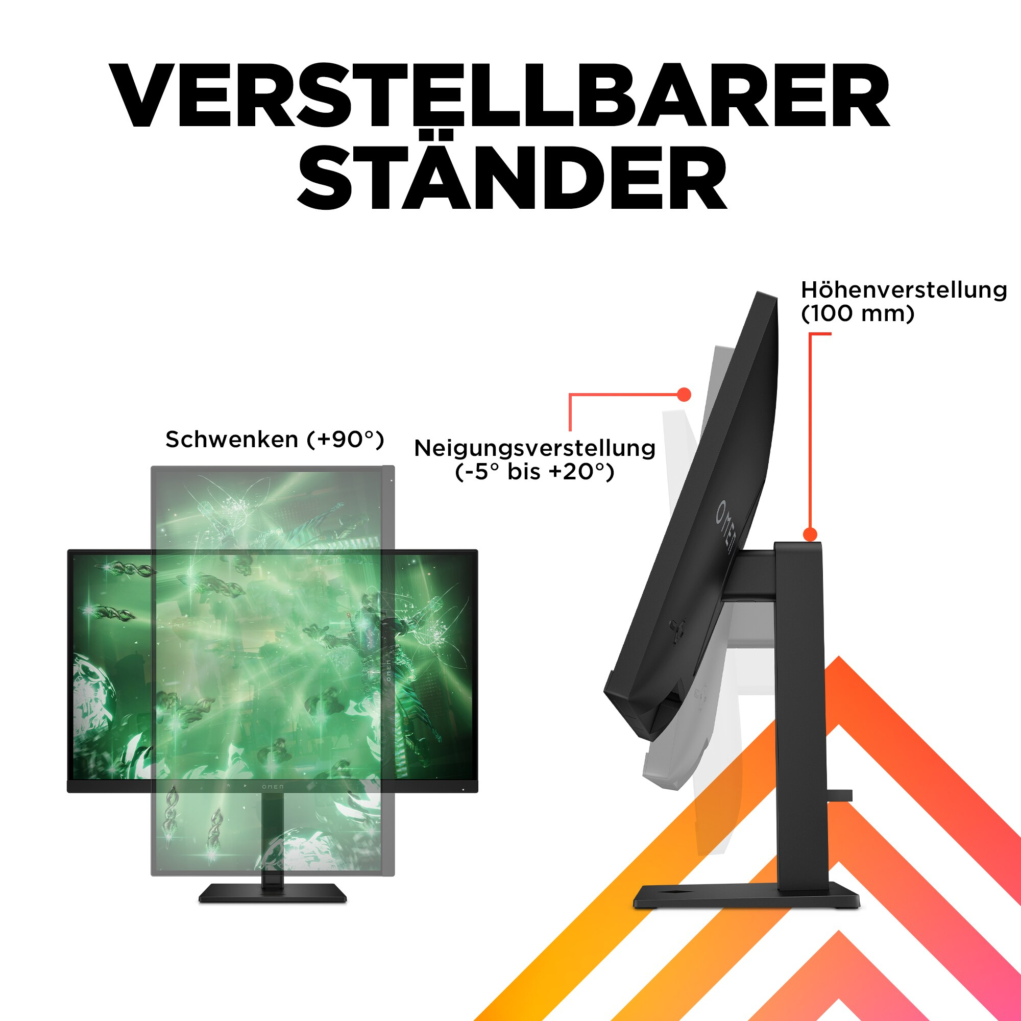 Diagramm eines Monitorständers mit einstellbaren Funktionen. Zeigt Schwenk-, Neigungs- und Höhenverstelloptionen.