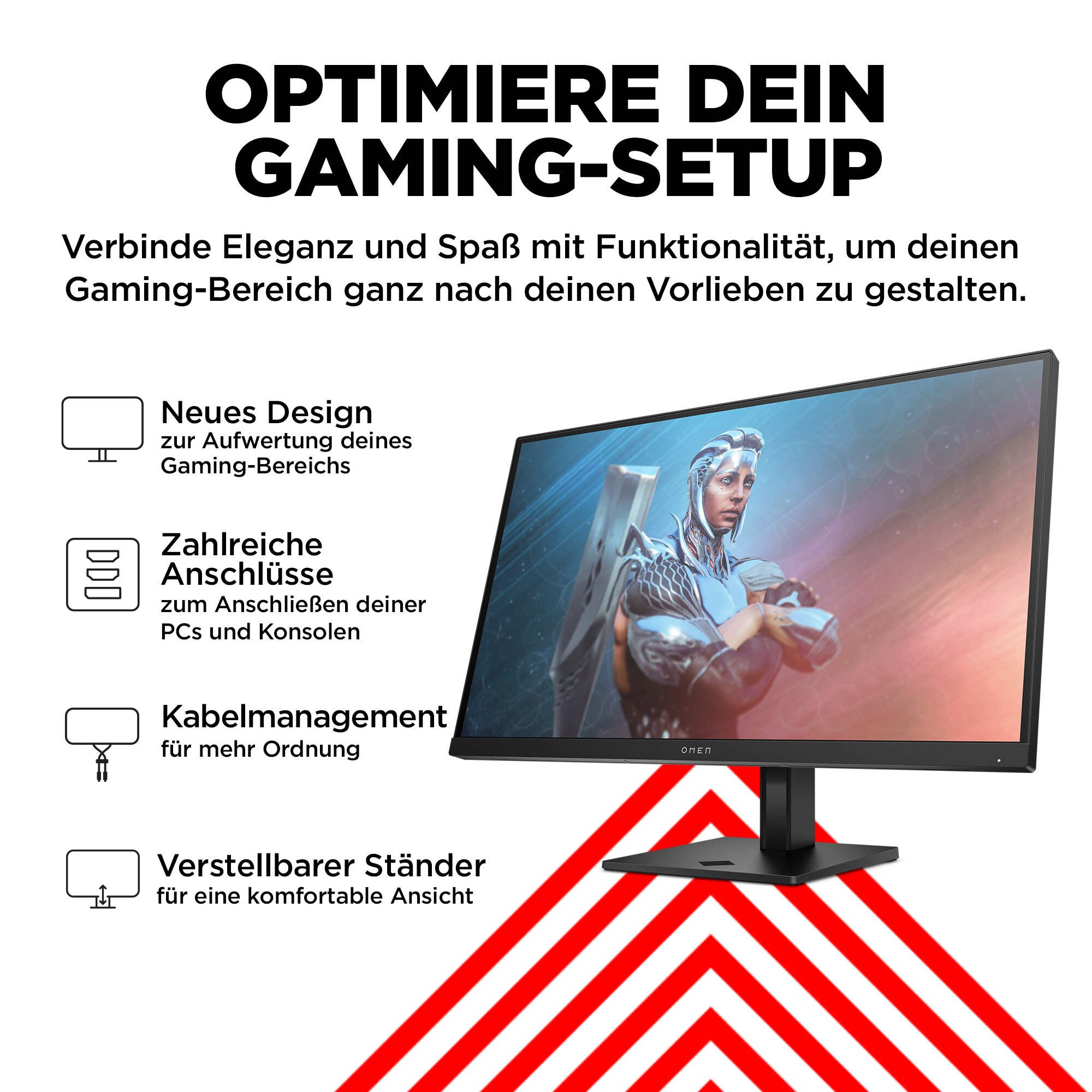 Monitor mit Text und Grafiken. Es ist schwarz mit einem Ständer und roten Akzenten.