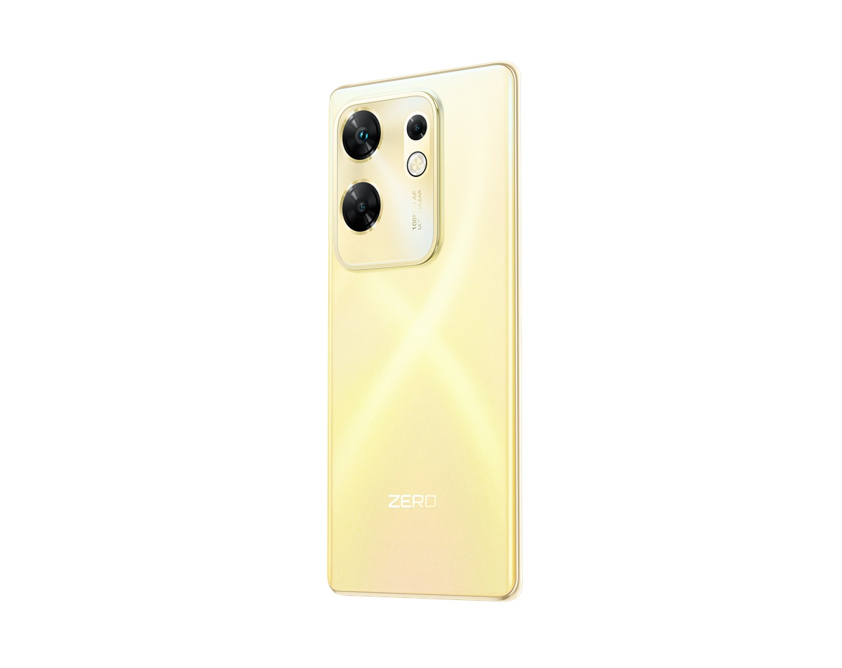 Arka tarafında kamera modülü bulunan altın rengi bir telefon.