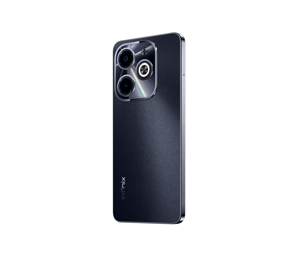 Siyah bir akıllı telefon, çoklu kamera lensleri ve Infinix logosu ile arka tarafı gösteriyor.
