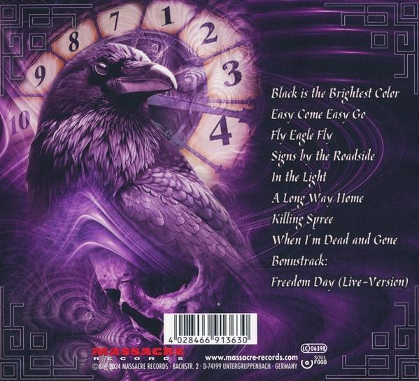 Albumcover mit Krähe, Schädel und Uhr, mit Text.