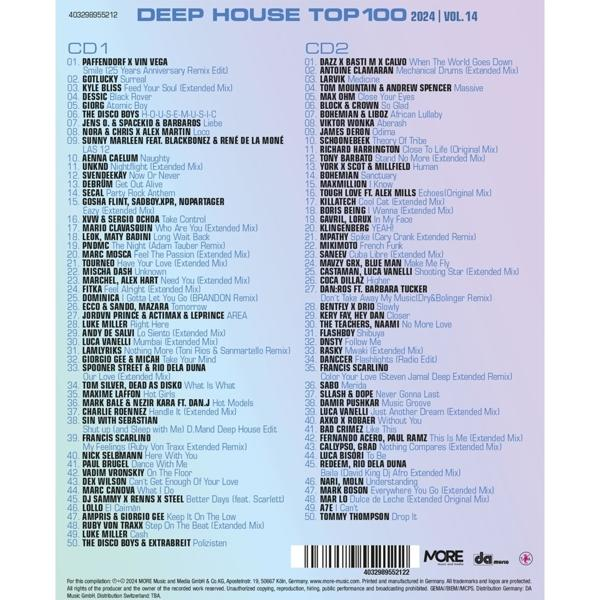 Cover von Deep House Top 100 2024, mit Tracklisten für CD1 und CD2.