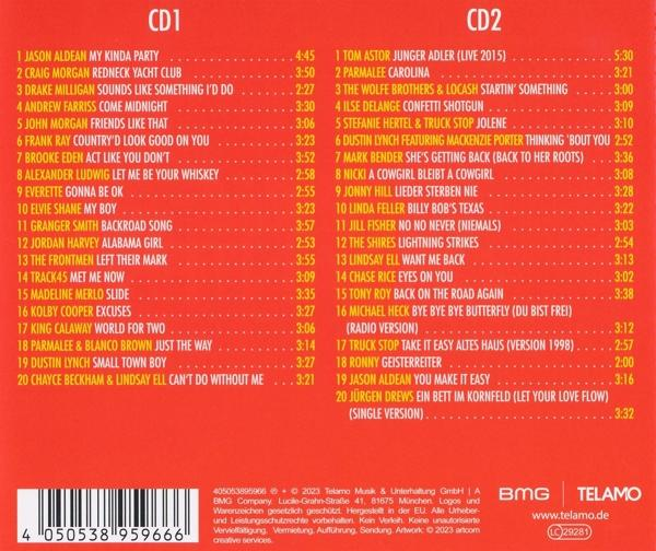CD-Hüllen mit Musik-Tracklisten. Der Hintergrund ist rot, der Text weiß.