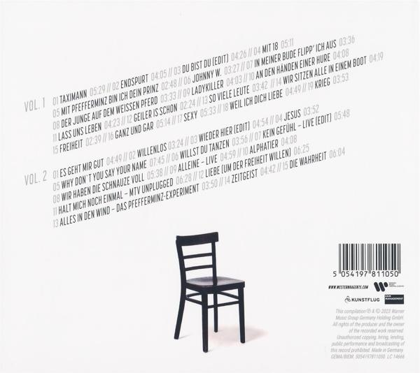 CD-Rückseite mit Titelliste und einem Stuhl. Hauptsächlich weißer Hintergrund mit schwarzem Text.