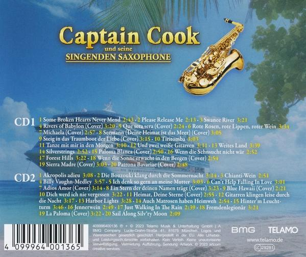 Rückseite einer Captain Cook CD mit Titelliste, Schiffs-Grafik und Text auf Deutsch.