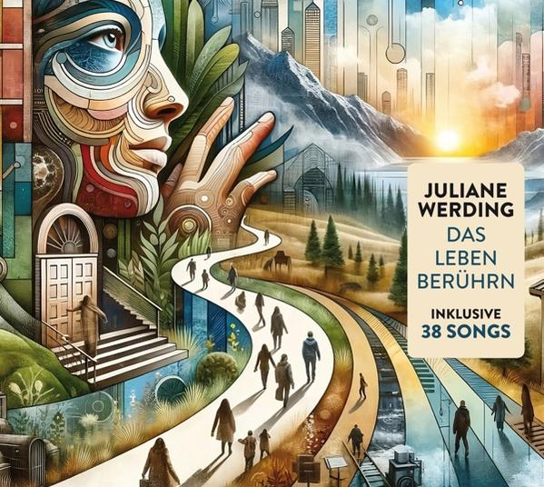 Albumcover mit einem Frauengesicht und einer Stadtlandschaft. Menschen gehen auf einem Weg.