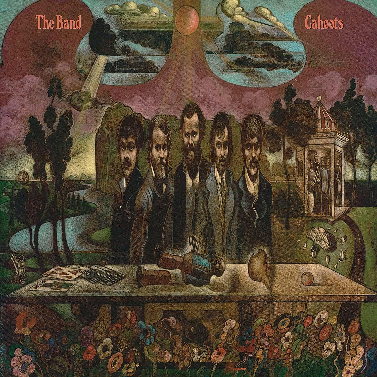 Album borító: 'The Band' és 'Cahoots' szöveg. Öt férfi csoportportréja egy asztalnál.