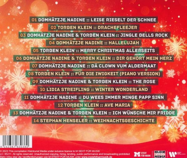 Rückseite eines CD-Covers mit deutschen Songtiteln, rotem Hintergrund und Schneeflocken.